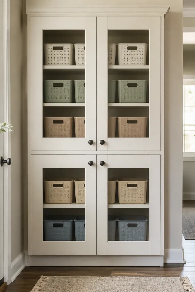 The cabinet doors have small clear acrylic window inserts. Inside, shelves have labeled bins in muted colors. The door looks clean because you can see items without opening it.