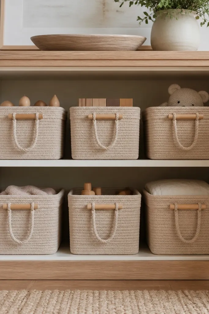 Bins inside the cabinet have small rope handles tied around wooden dowels. Each handle hangs over the front edge so you can pull bins out quickly. The ropes are tan cotton. The cabinet interior is warm white.