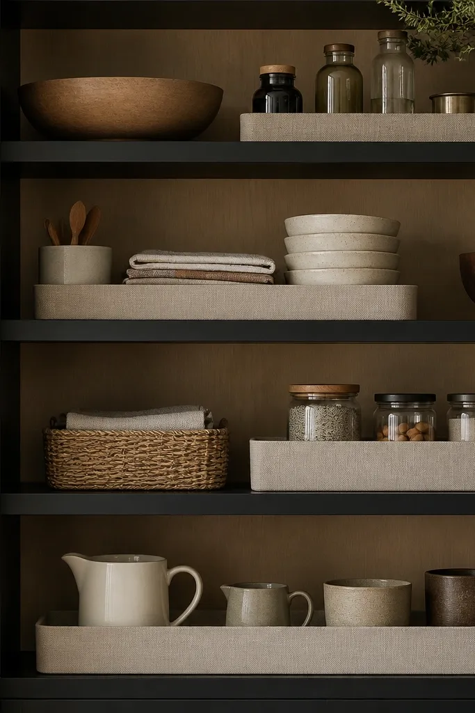 A cabinet interior has a warm beige back panel and matte black painted shelf edges. Items are stored in shallow bins and trays. The black edges create a frame around each shelf level.