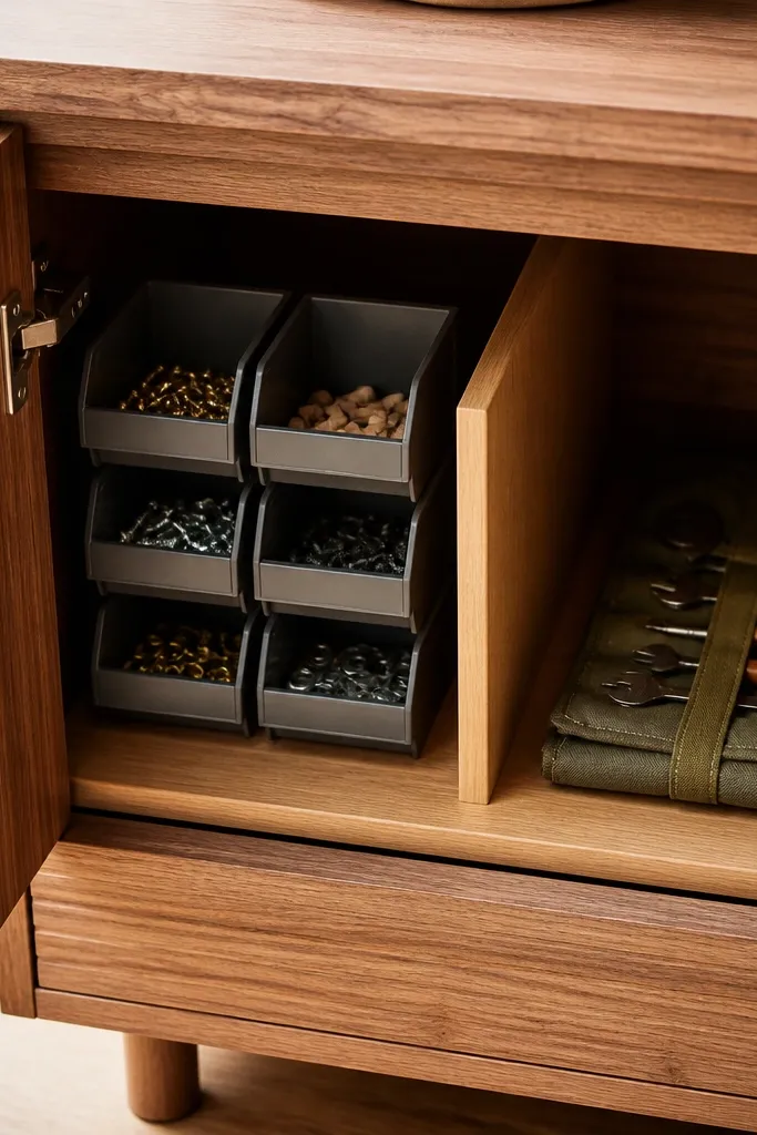 Inside the cabinet, a satin-finished wood divider board splits the shelf into two sections. One side has labeled bins for fasteners, the other side holds a small tool roll. The wood divider is smooth and light golden.