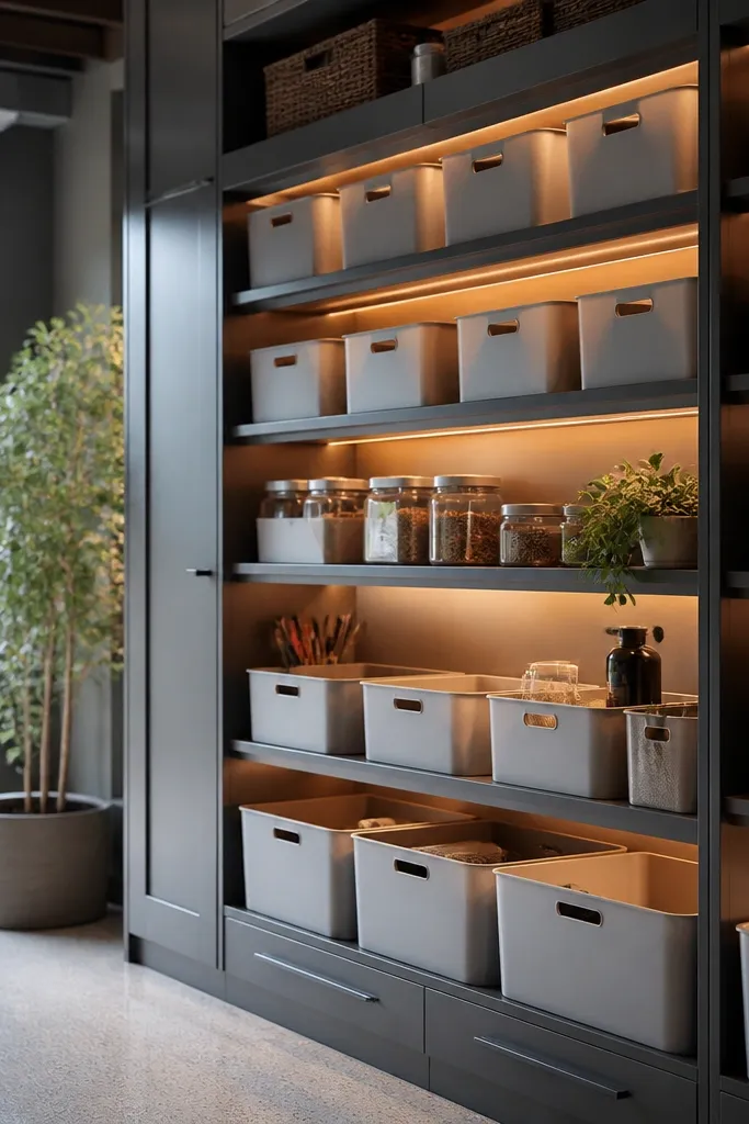 The cabinet shelves glow from underneath with warm light. Shadows are soft because there's a frosted diffuser strip. Bins and labels are easy to read without bright overhead garage lighting.