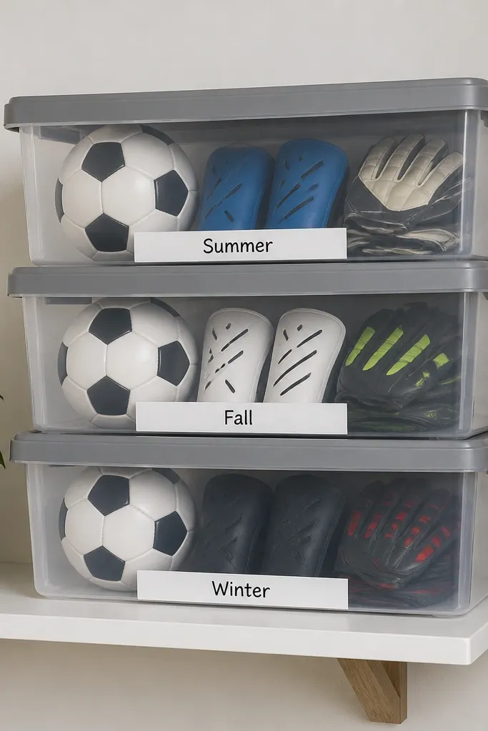 Three stacked clear bins with gray lids on a wall shelf. Each bin has a white label strip on the front: "Summer," "Fall," and "Winter." Inside are soccer balls, shin guards, and gloves arranged flat so the lids close without bulging.