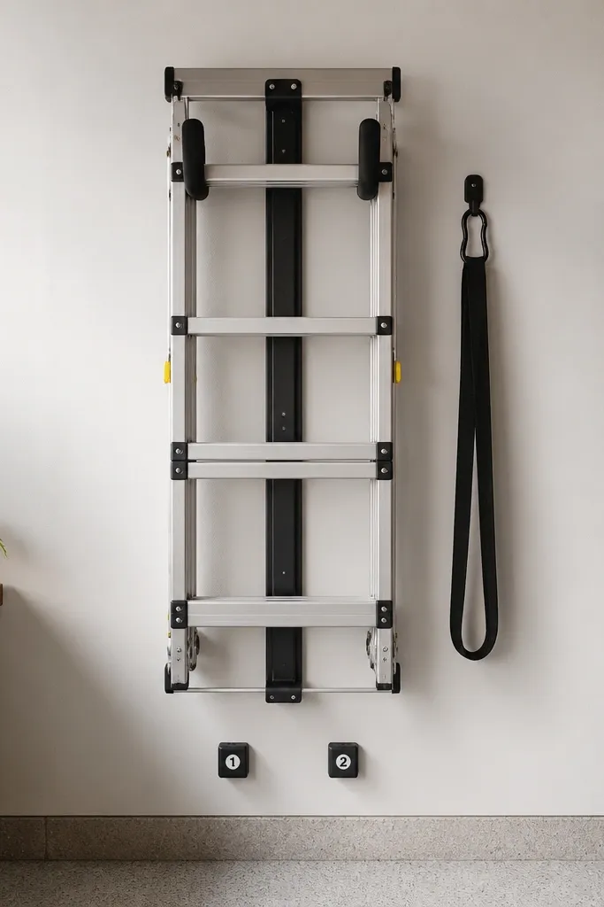 A tall wall rack with two padded hooks holding a folding ladder upright. There are small numbered pads on the wall below the ladder and a strap hanging neatly from a side hook.