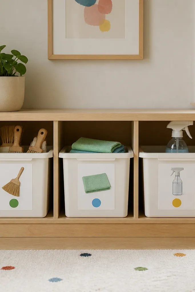 A low wall shelf with three lidded bins at kid height. The bins contain small brooms, microfiber cloths, and a spray bottle. Each bin has a large label with a picture and a matching color dot.