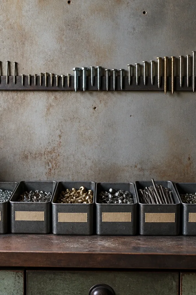 A metal workbench wall has a long magnetic strip with neatly arranged small screws, washers, and nails in labeled metal tins. The tins have handwritten labels on masking tape.