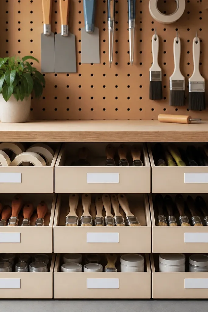 Pegboard with shallow wooden drawer fronts. Inside are small bins for painter's tape, putty knives, and paintbrushes stored handle-down. Everything has matching white labels.