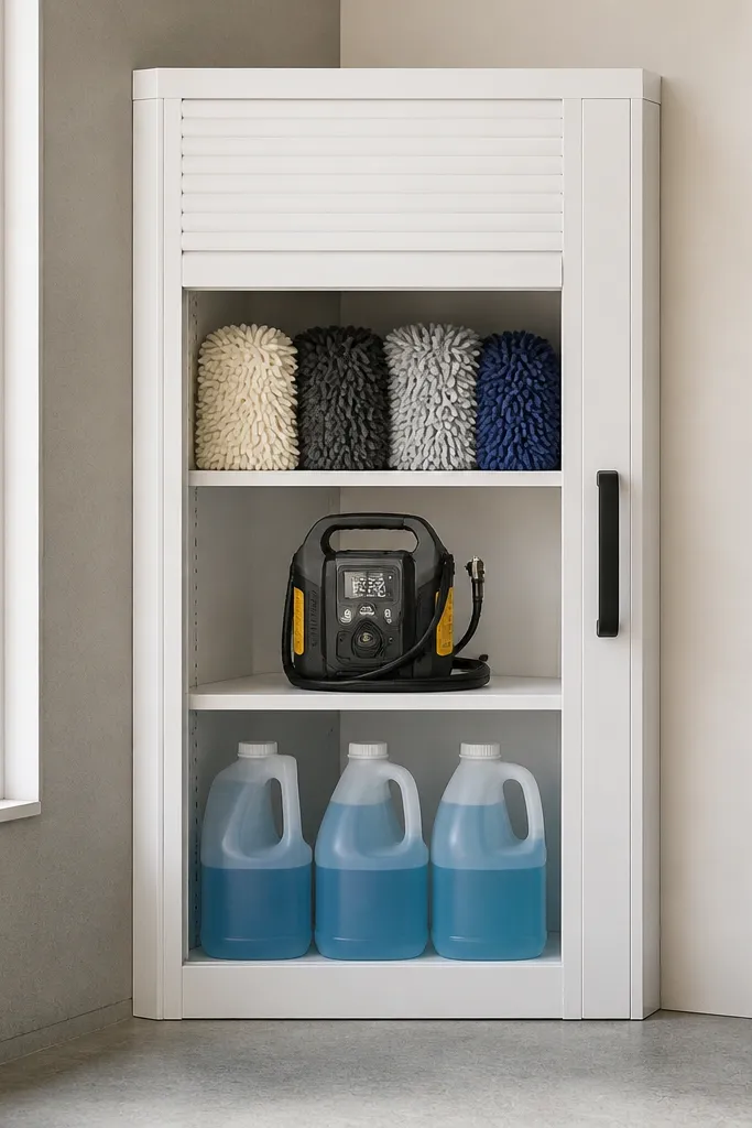 A corner cabinet with a rolling door sits flush against the wall. Inside are labeled shelves for car wash mitts, tire inflator, and windshield fluid jugs. The cabinet front is white with a black handle.
