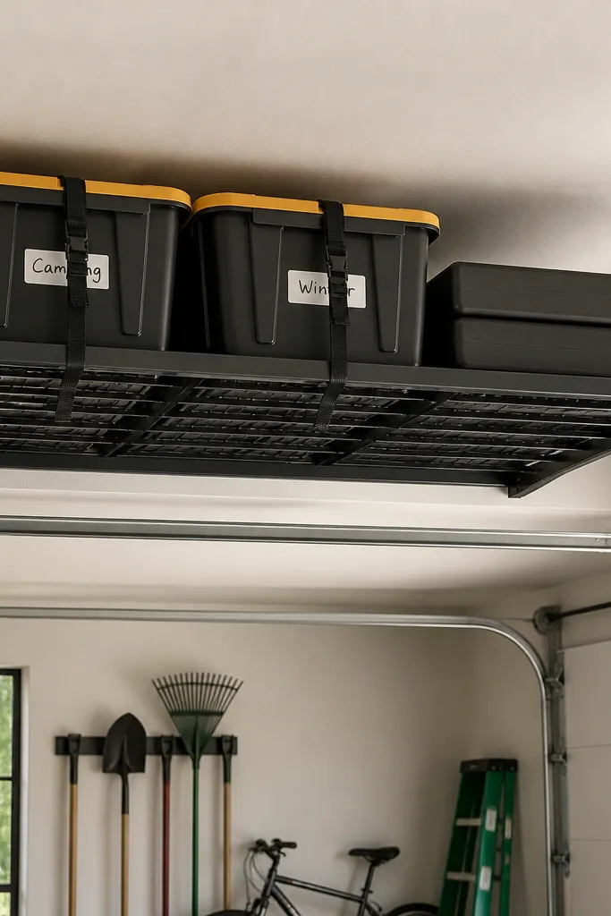 A ceiling rack system holds two long bins and two flat boxes. Straps run over the bins, and each bin has a white label with a black marker. The garage door track area stays clear.