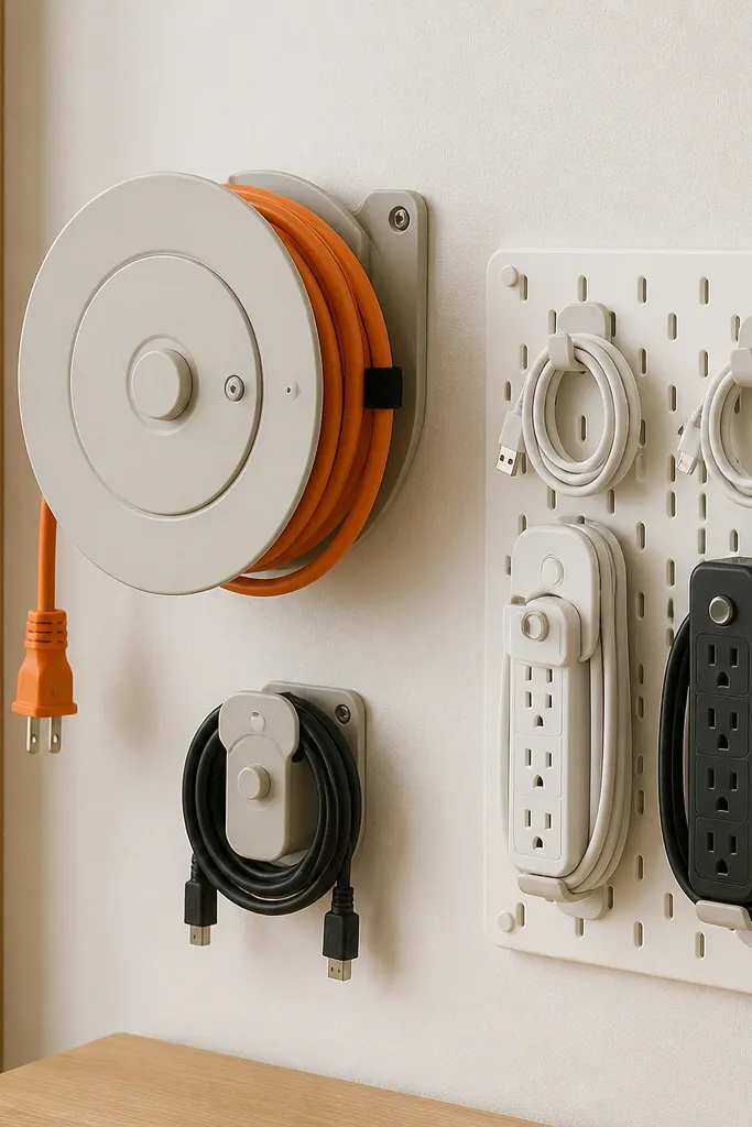 A wall-mounted cord reel holds a coiled extension cord. Beside it, a small pegboard panel has labeled clips for power strips and charging cables. A short cord is coiled neatly in a second holder.