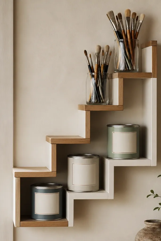 A stair-step shelf unit on a wall holds paint cans on the lower steps and brushes in clear cups on the upper steps. Labels are on the can fronts, and the shelf edges have a wood trim finish.