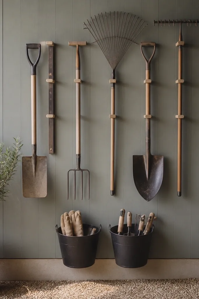 A garden tool wall has a vertical rail with wooden dowels spaced evenly. Shovels and rakes hang between dowels so handles don't touch. There are two buckets mounted below for gloves and small hand tools.