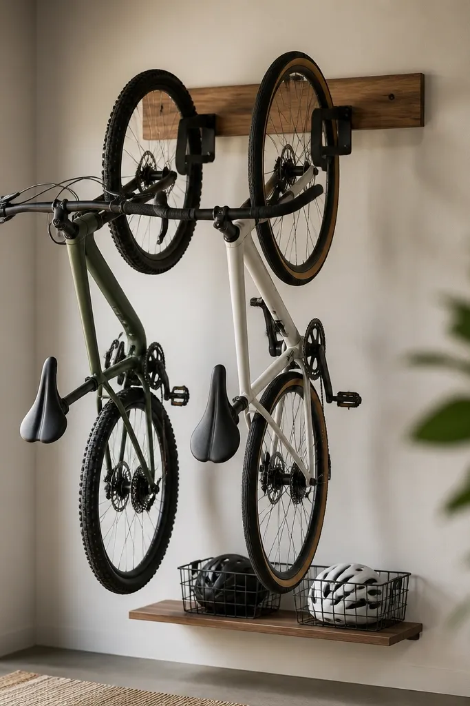 Two bikes are parked on a wall rack with rubber cradles holding the tires. The bikes stand angled slightly toward the wall, and a small shelf below holds helmets in a bin.