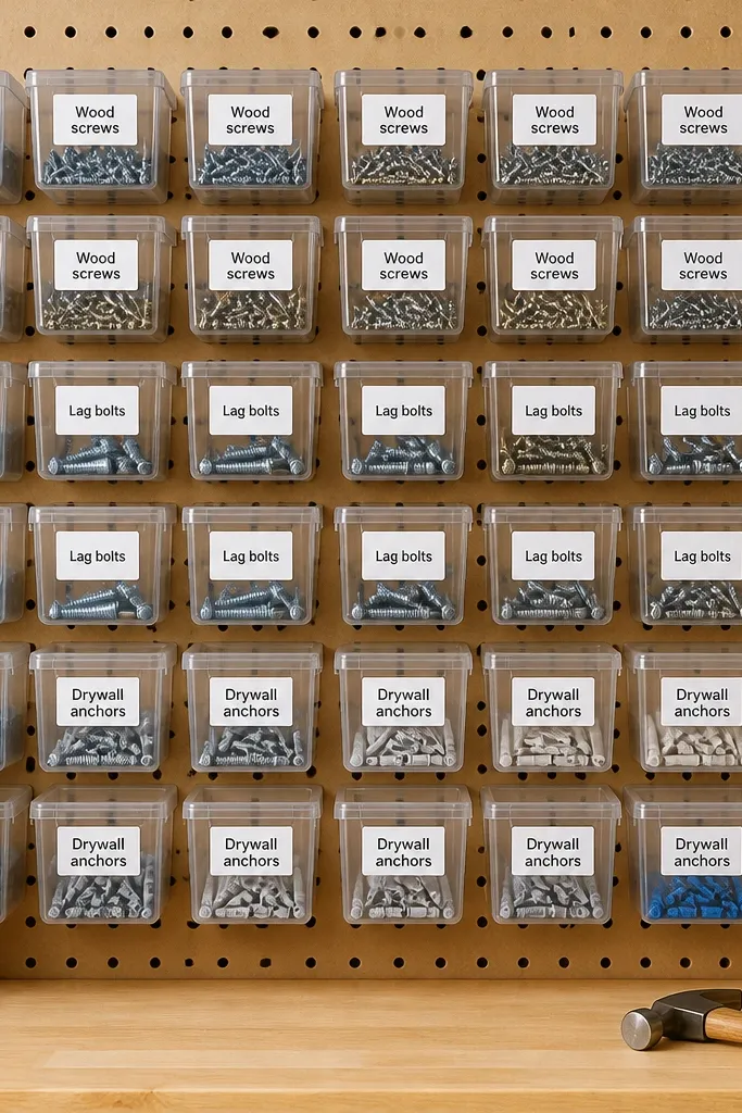 Pegboard holds dozens of small clear plastic boxes in a grid. Each box has a white label with black text: "Wood screws," "Lag bolts," "Drywall anchors." The boxes are uniform size and aligned.
