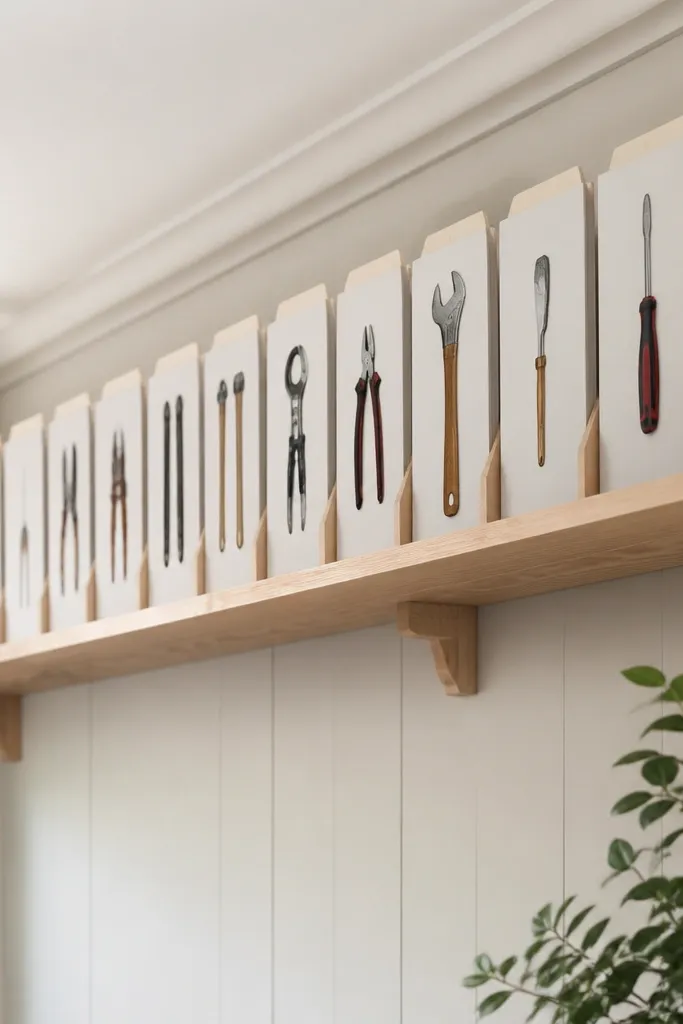 A narrow shelf near the ceiling holds flat document folders in a vertical file. Each folder has a printed photo of the tool it belongs to and a label tab. The folders are aligned with consistent spacing.