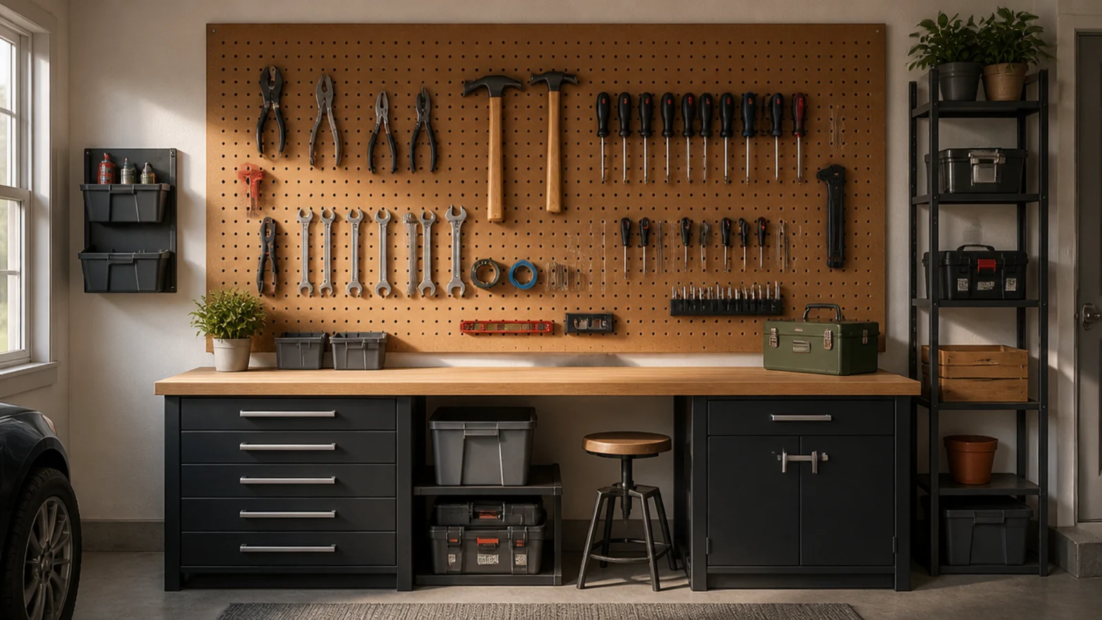 A tan pegboard panel mounted on a garage wall holding pliers, hammers, and screwdrivers on hooks with painted tool outlines behind them.