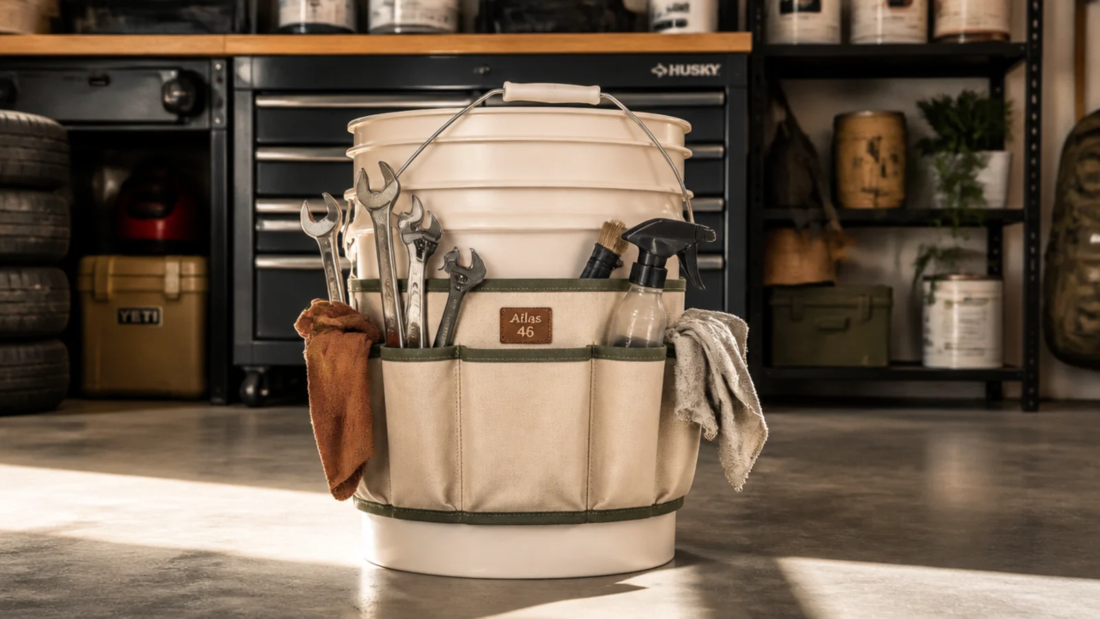 A five-gallon plastic bucket fitted with a canvas tool apron around the rim, holding wrenches, a spray bottle, and rags in the outer pockets.