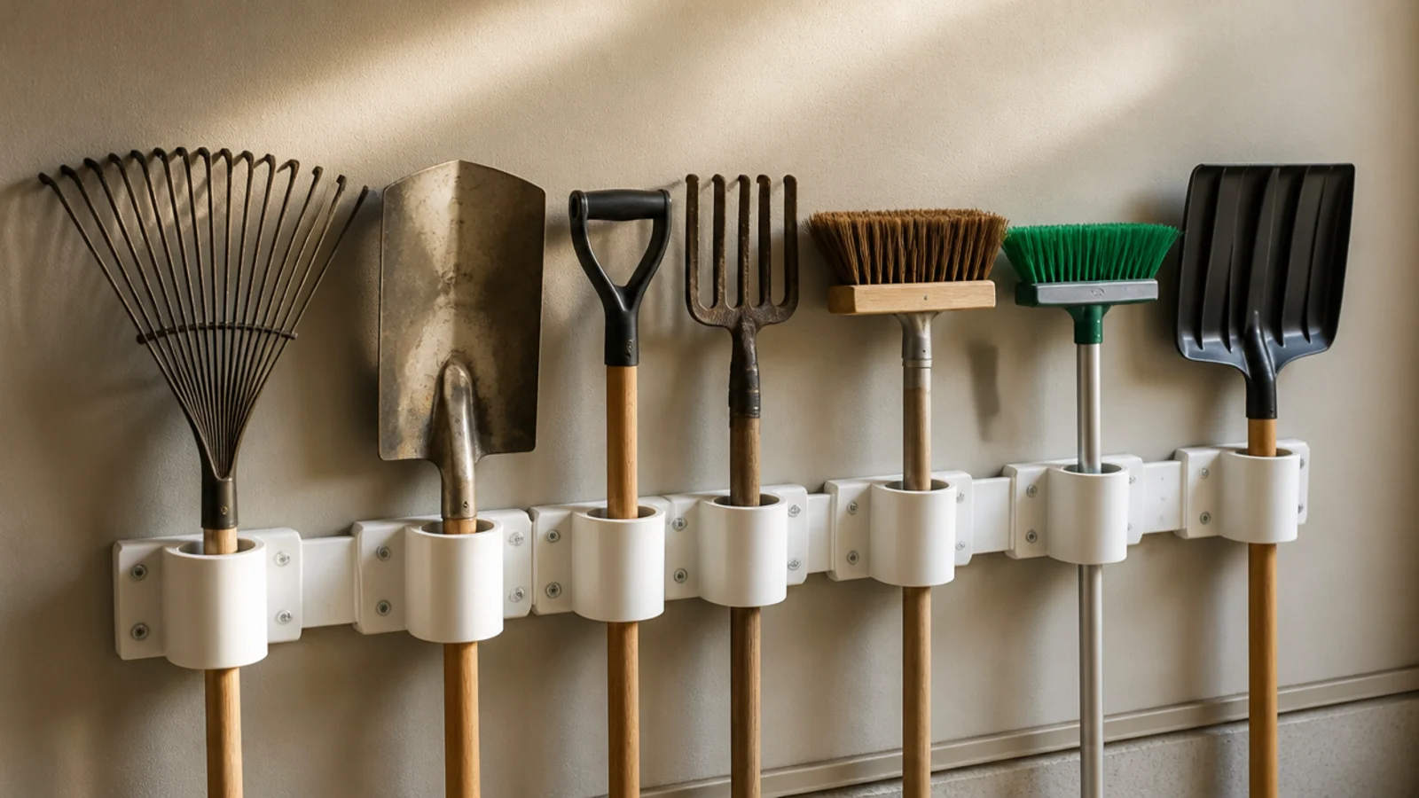 A row of white PVC pipe sections screwed to a garage wall, each cradling the handle of a rake, shovel, or broom vertically.
