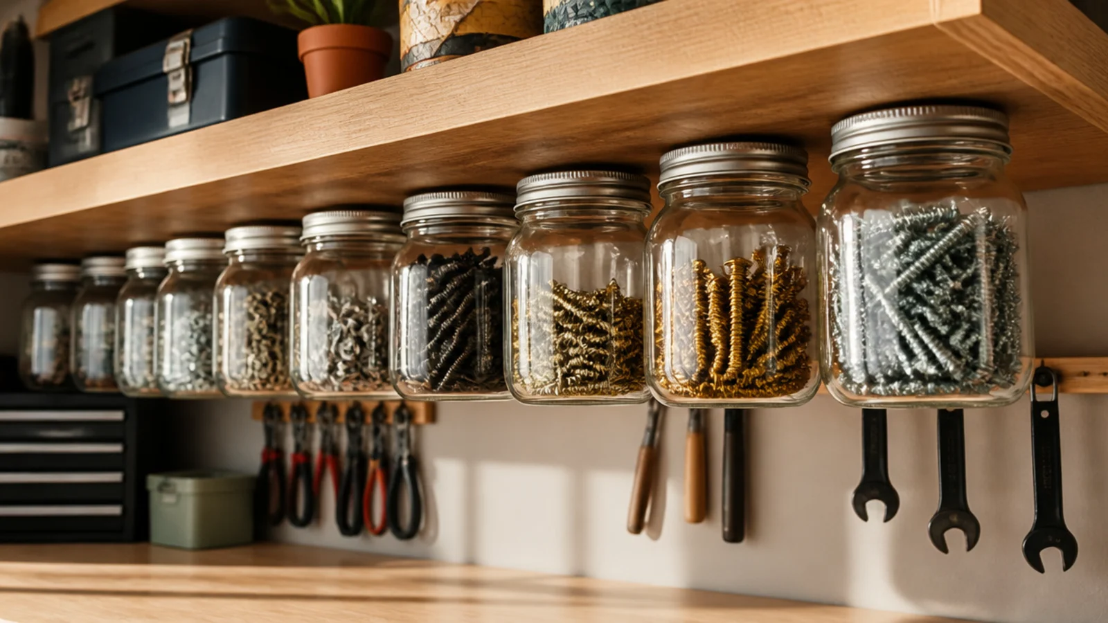 Several glass jars screwed by their lids to the underside of a wooden shelf, each filled with sorted screws, nails, and washers.