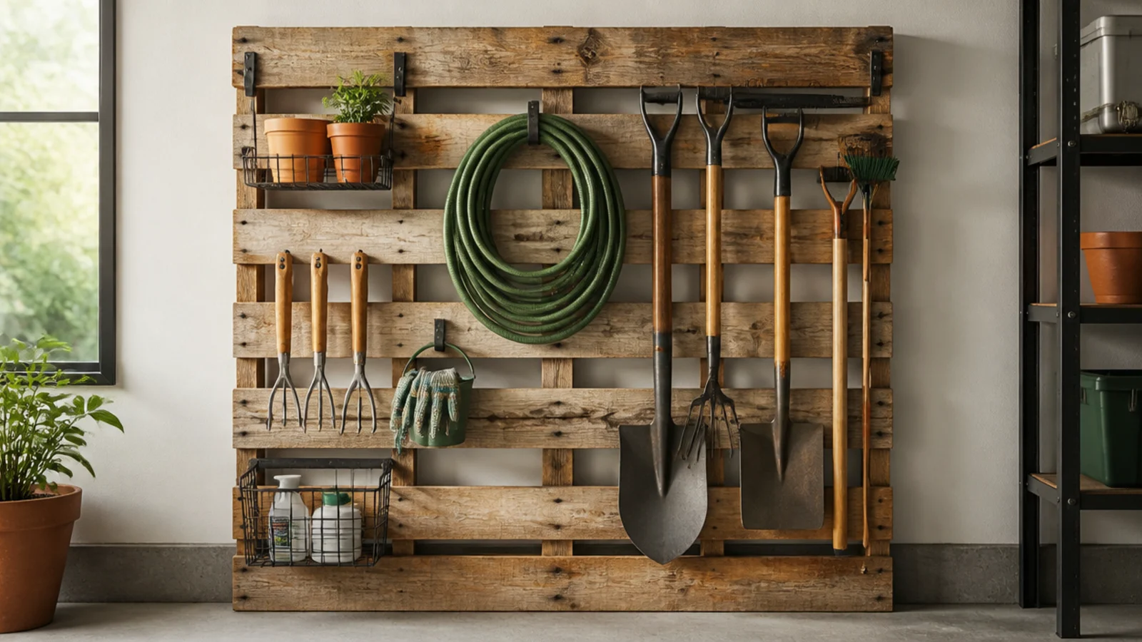 A wooden shipping pallet mounted upright on a garage wall, its slats holding garden tools, a coiled hose, and small potted supplies.