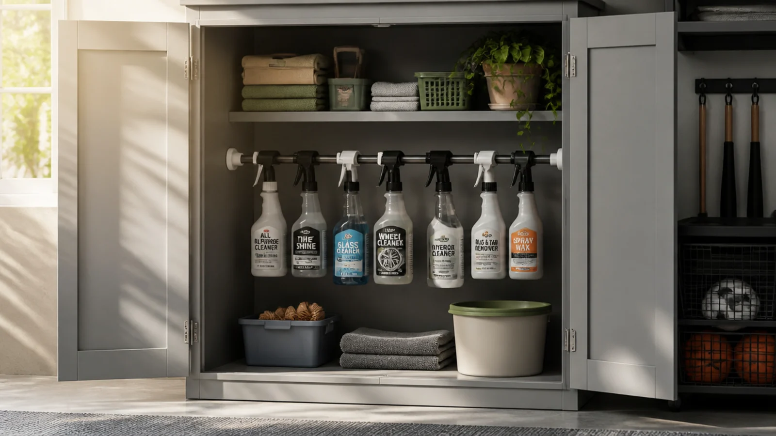 A spring tension rod mounted inside a garage cabinet with several spray bottles hanging by their trigger handles from the rod.