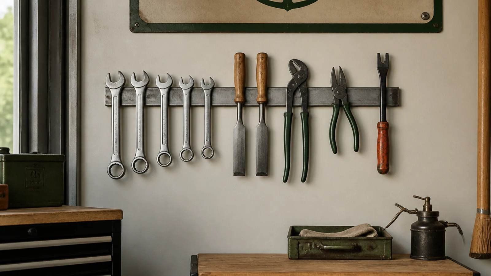 A metal magnetic bar mounted on a garage wall holding wrenches, chisels, and pliers stuck flat against it in a neat row.