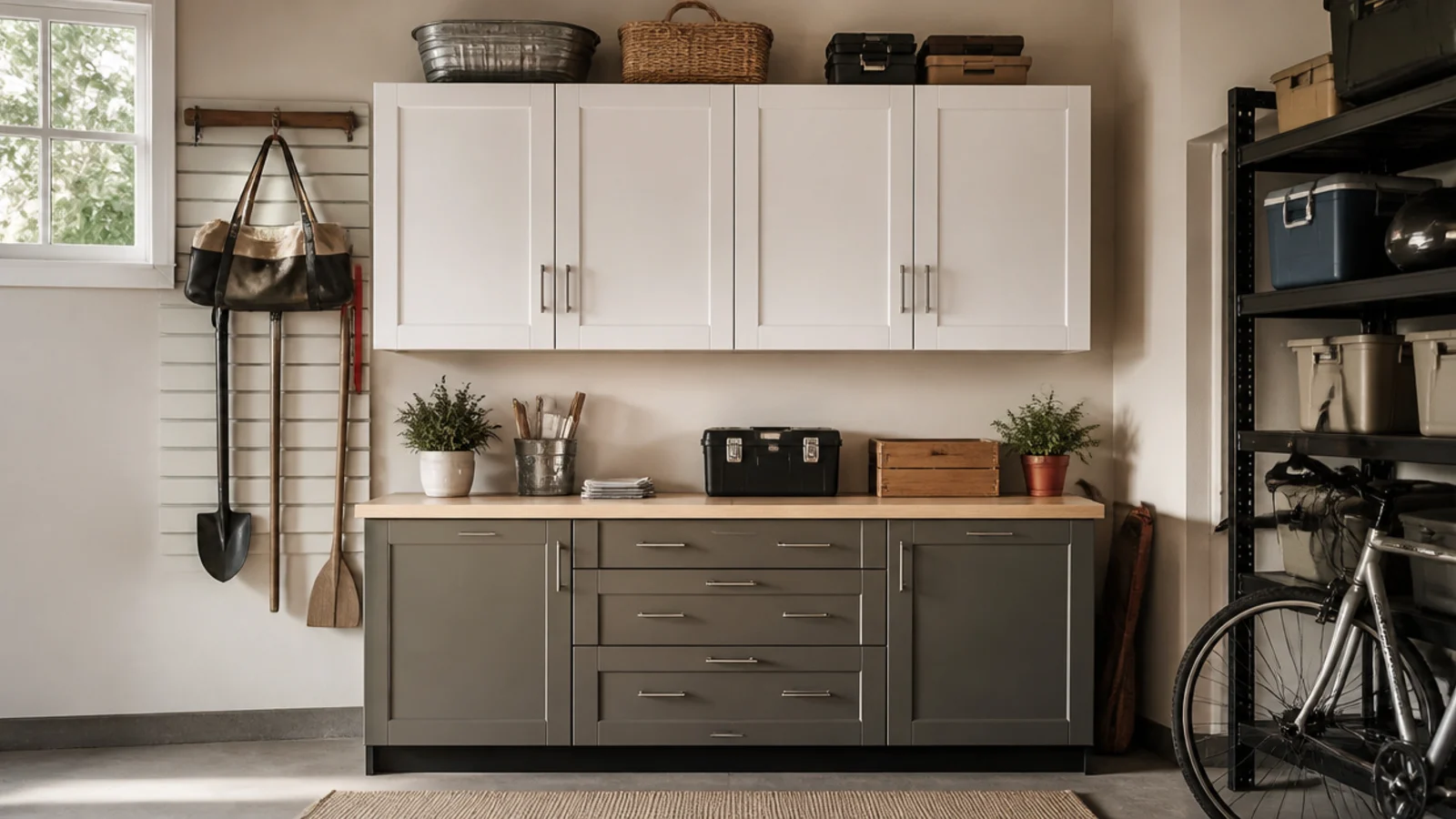 A pair of used white upper kitchen cabinets mounted on a garage wall above a counter, doors closed, hiding stored supplies.
