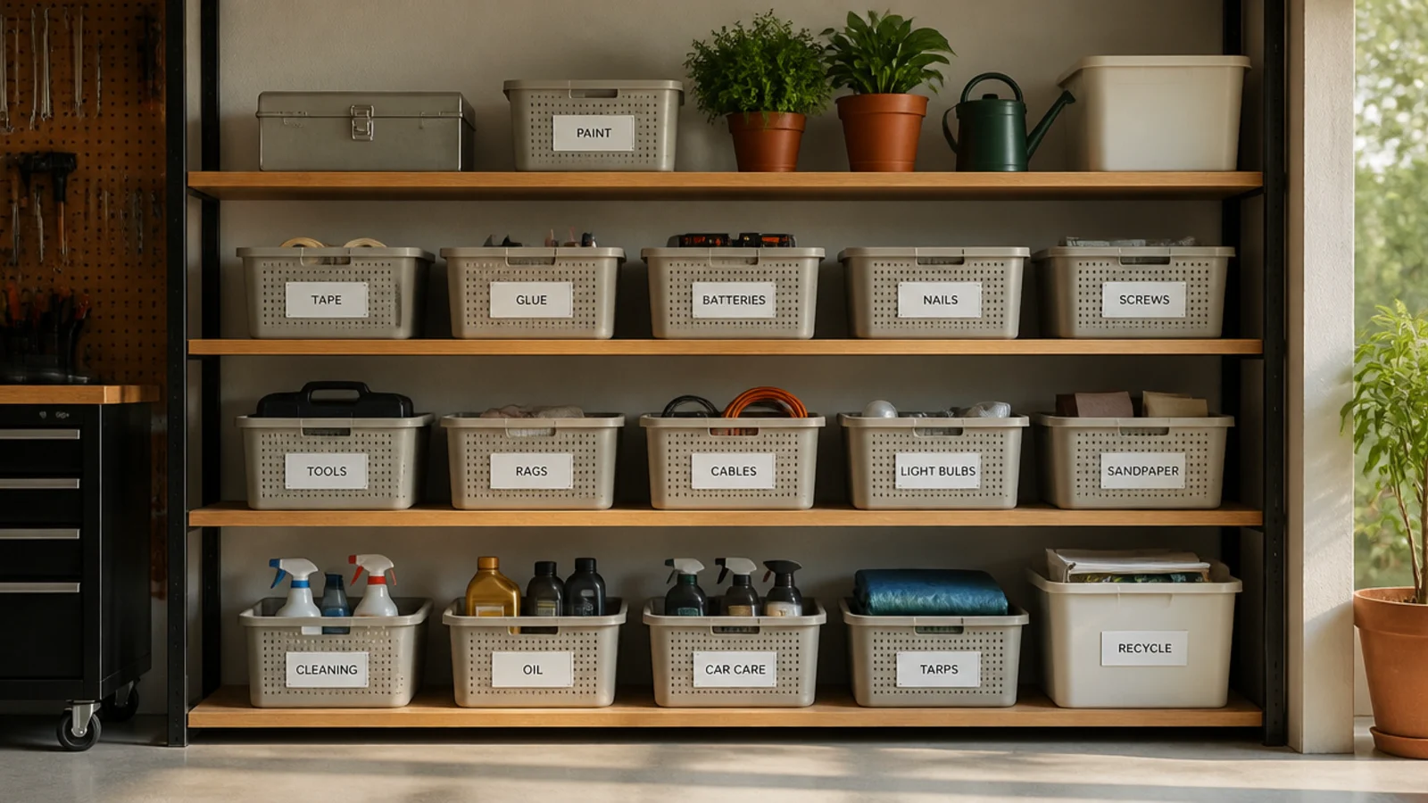 A shelf lined with matching dollar-store plastic bins, each with a white printed label reading categories like tape, glue, and batteries.