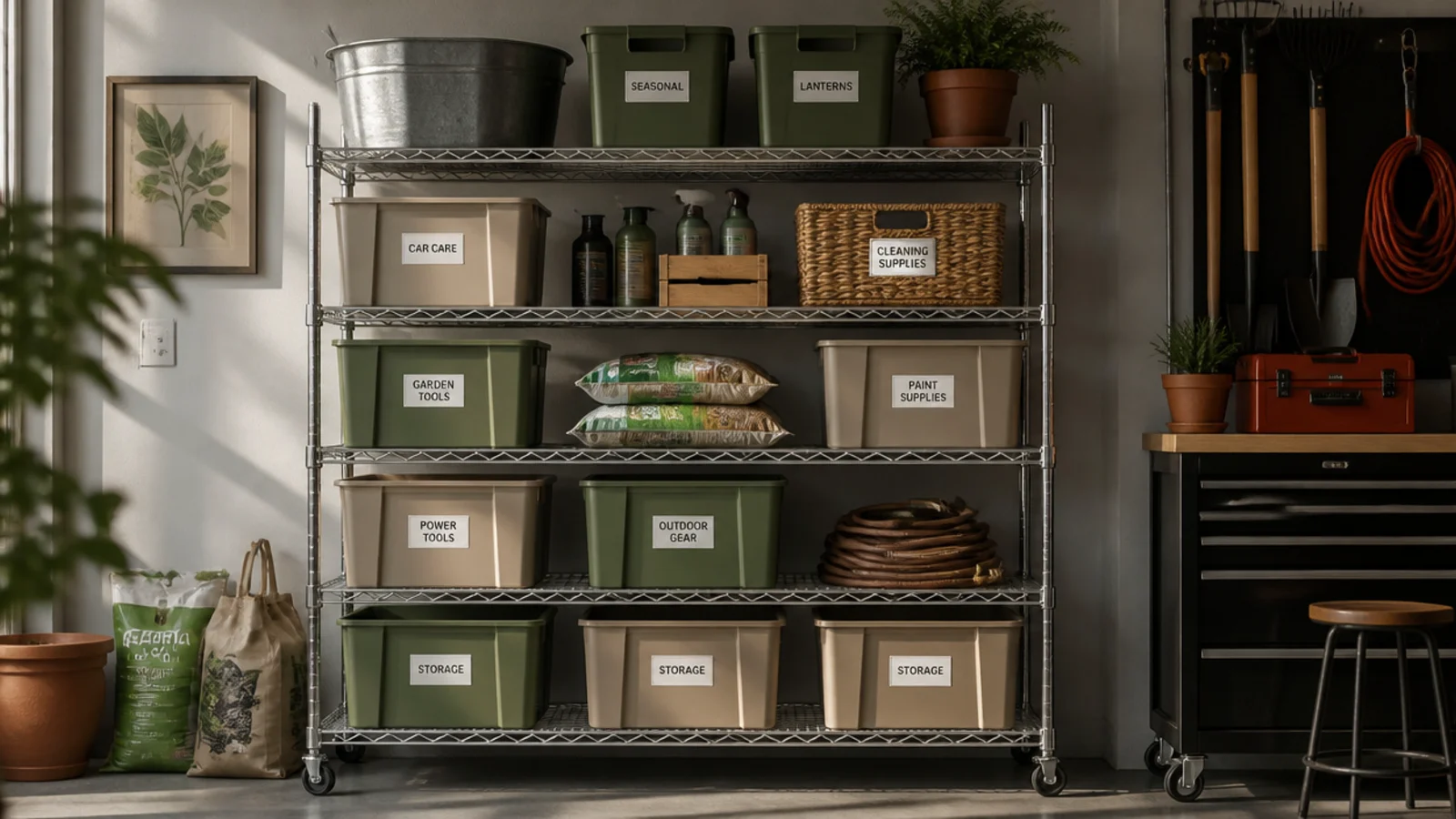 A five-tier chrome wire shelving unit against a garage wall loaded with labeled totes and stacked supplies.