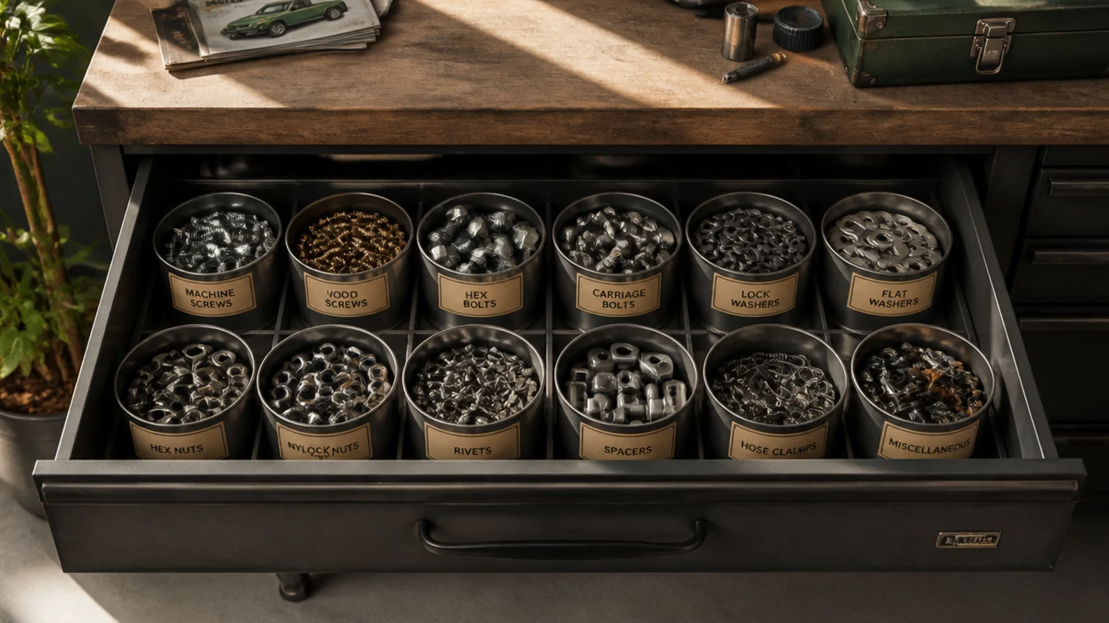 A workbench drawer divided by several clean metal coffee cans, each holding a different category of small parts and fasteners.