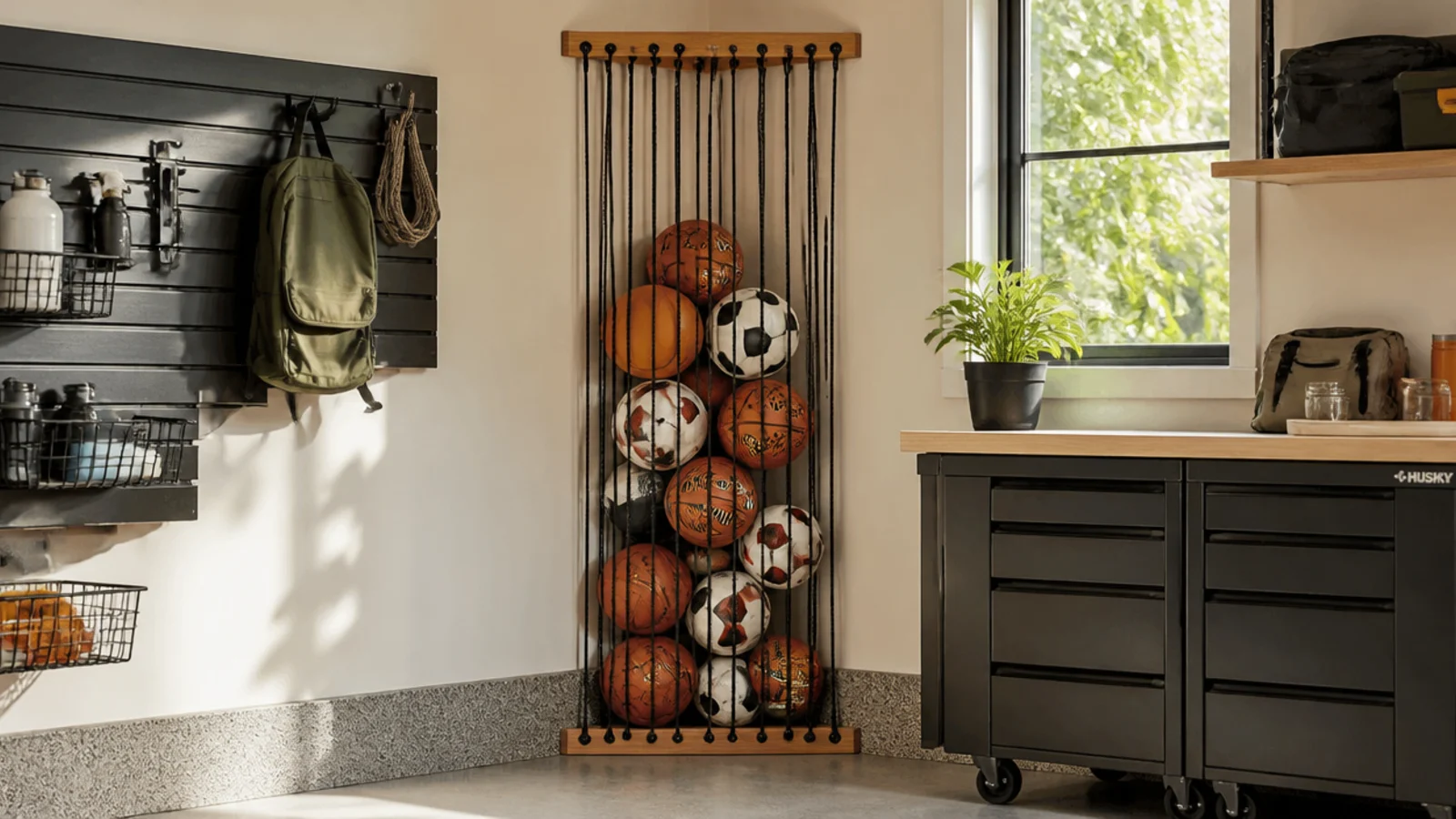 A tall corner cage made of vertical bungee cords stretched between two wall-mounted boards, filled with basketballs and soccer balls.