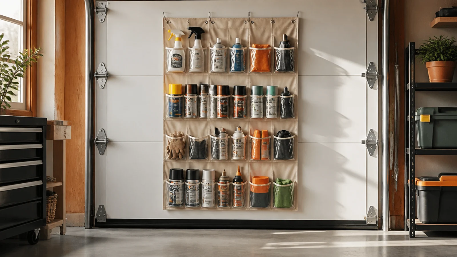 A clear-pocket hanging shoe organizer on the back of a garage door holding spray cans, gloves, and small bottles in its pockets.