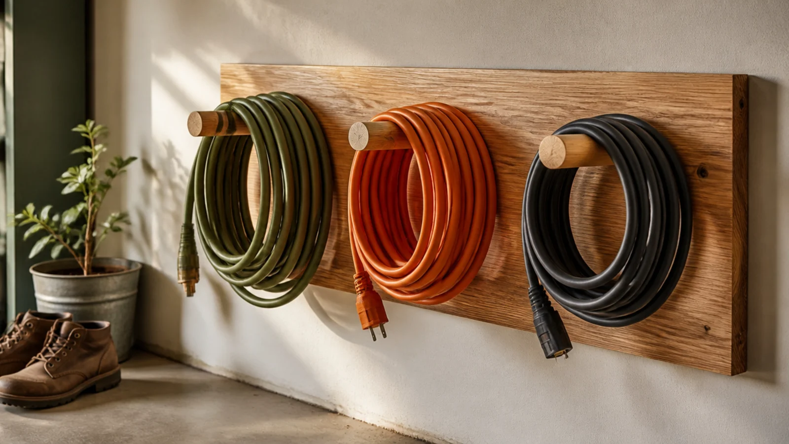 A wooden board on a garage wall with three thick dowels sticking out, each holding a neatly coiled extension cord or air hose.