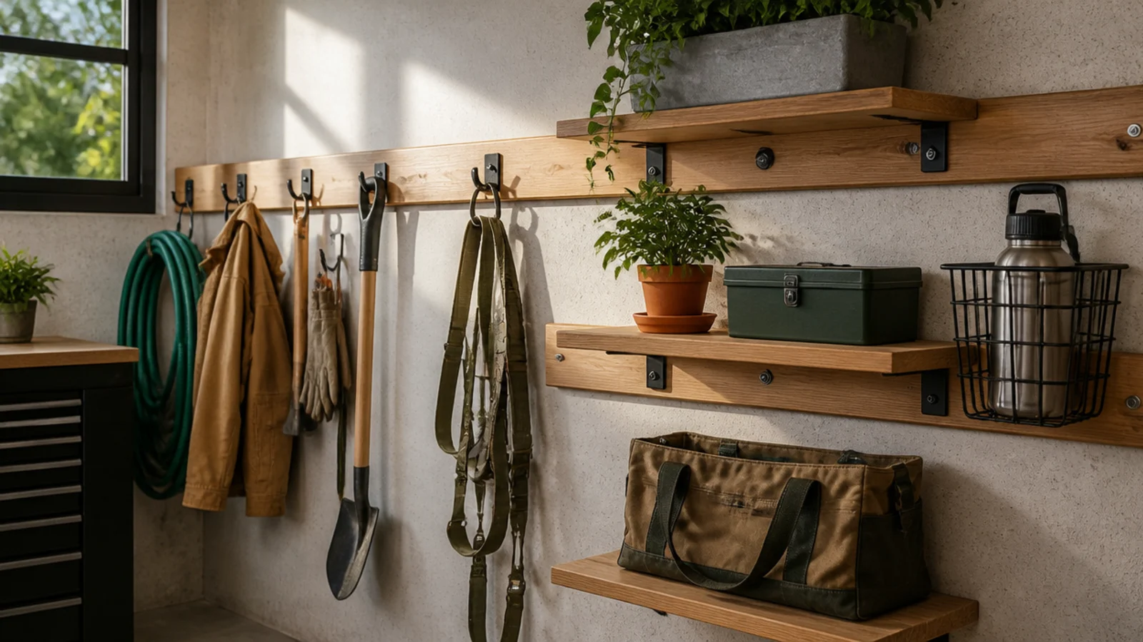 A 45-degree beveled cleat strip along a garage wall with matching cleat-backed hooks and small shelves hung from it.