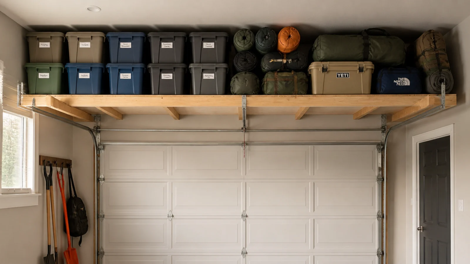 A plywood platform screwed across exposed ceiling joists above a garage door, stacked with seasonal totes and camping gear.