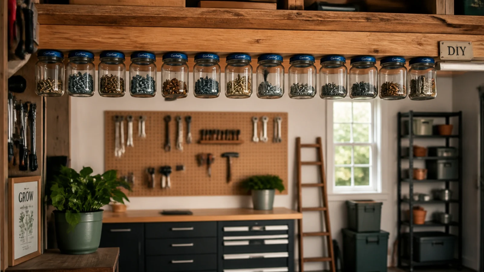 Baby-food jars hanging from their lids screwed to a wooden ceiling joist, each holding sorted small screws and hardware.