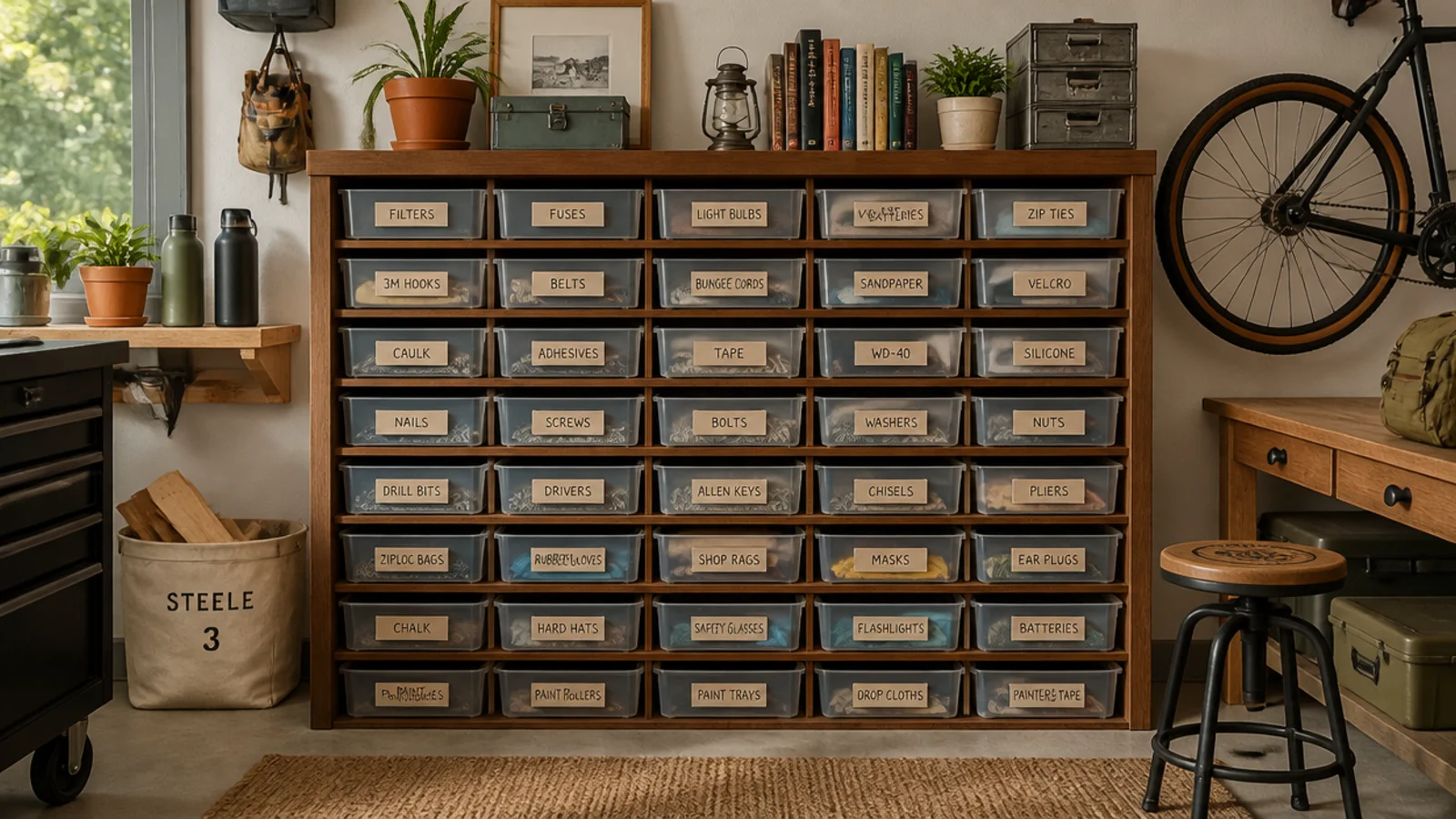 An old wooden bookshelf in a garage filled with pull-out labeled plastic bins turned into a drawer-style organizer.
