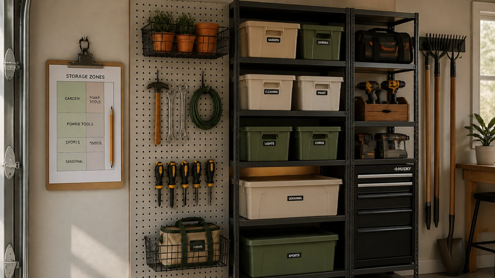A clipboard hanging by the garage door with a printed map of storage zones and a pencil for tracking borrowed tools.