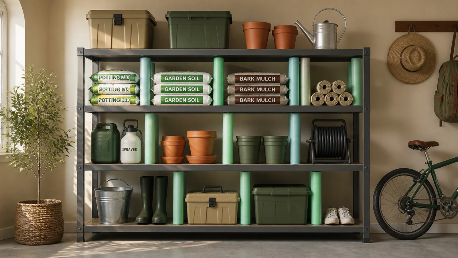 A garage shelf with sections separated by upright pool-noodle pieces keeping bagged supplies and rolls from toppling sideways.