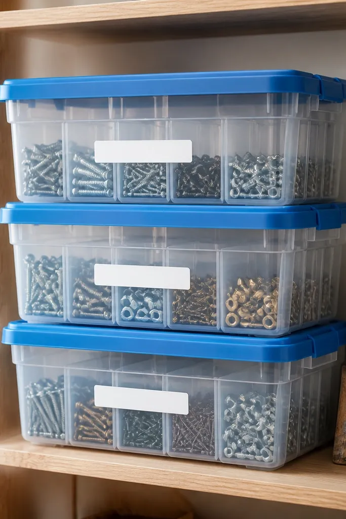 A shelf with three stacked clear plastic totes with bright blue lids. Each tote has a white label on the front and a transparent front panel showing mixed hardware. Small bins inside keep screws and nails separated.