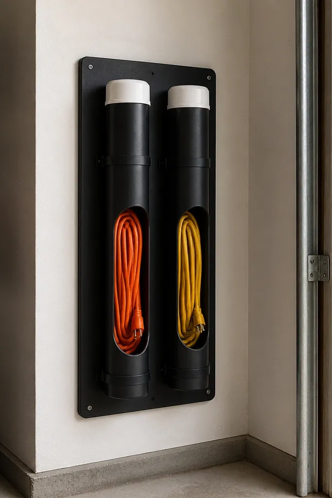 In a garage corner, two vertical PVC pipes mounted to a board with caps. A coiled extension cord fits inside each pipe. The board is painted matte black and has small white labels near the openings.