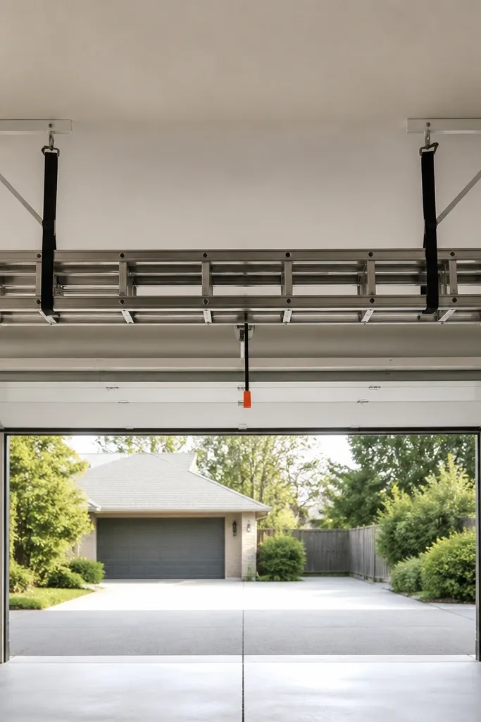 A ceiling-mounted ladder rack with two black straps holding a folding ladder above the garage. A small strap with a bright orange tag hangs down for grabbing. The ladder is centered above the driveway.