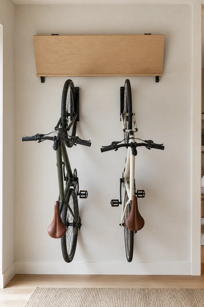 Two bikes hang vertically from a wall using black hooks. Above them, a small folding plywood cover panel swings down to protect the wall when bikes are not there. The bikes' front wheels face inward.
