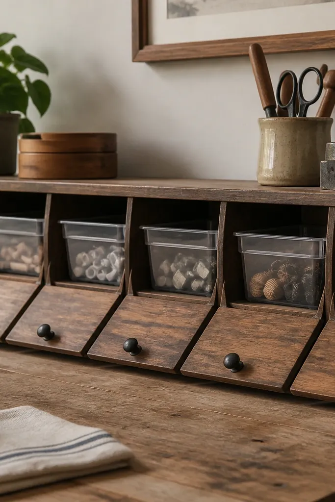 A workbench with a row of small drop-front compartments. Inside are labeled bins with clear fronts. The drop fronts are stained wood with black knobs.