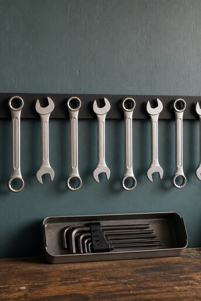 A long magnetic strip mounted on a painted board. Wrenches hang in a neat row, alternating open-end and box-end. A small tray below holds a hex key set.