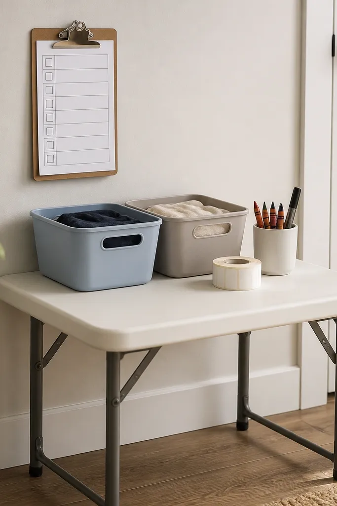 A small folding table tucked against the wall with two low bins and a roll of label tape. A laminated checklist hangs on a clip board. Crayons and a marker sit in a cup.
