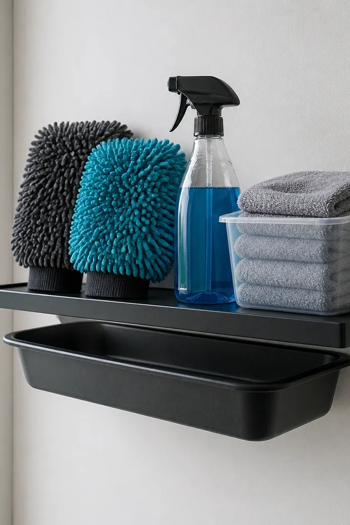 A wall shelf holds car wash mitts, a spray bottle, and a small container of microfiber towels. Under the shelf is a drop-in plastic tray catching drips. Everything is arranged by height.