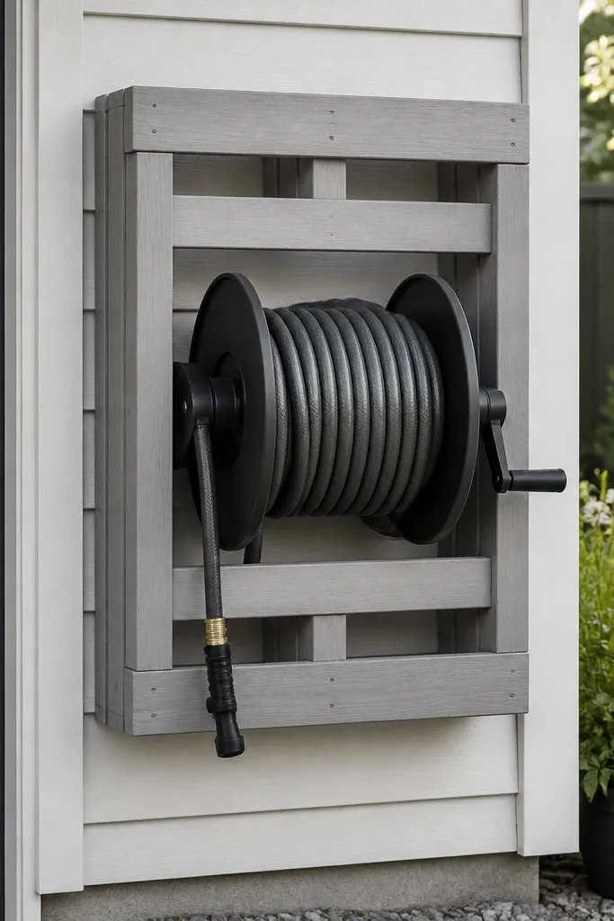 A wooden pallet frame holding a hose reel on the side of the garage. The wood is sanded and painted light gray. The reel is centered and the hose winds neatly.