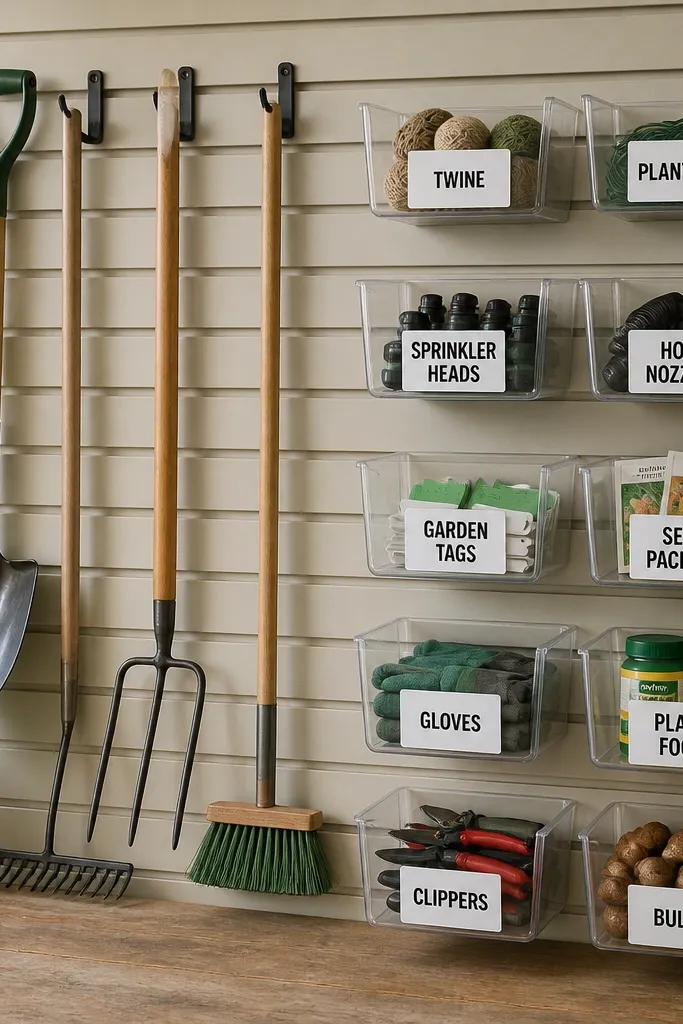 A slatwall panel with labeled bins attached. Long tools hang from hooks on the left side, while small yard items sit in clear-front bins on the right. Labels are bold black on white.