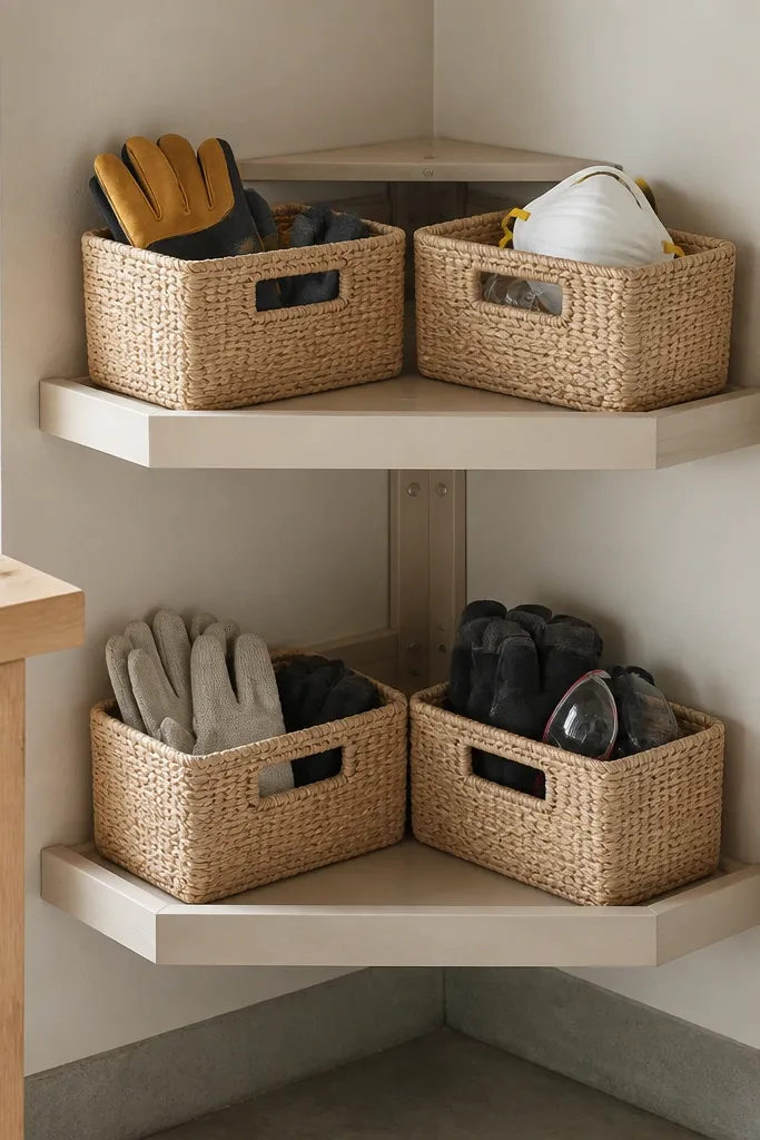 A corner shelf unit with two levels. Inside are woven, light tan bins with handles. Small items like work gloves and a dust mask sit neatly in each bin. Labels are on the shelf edges.