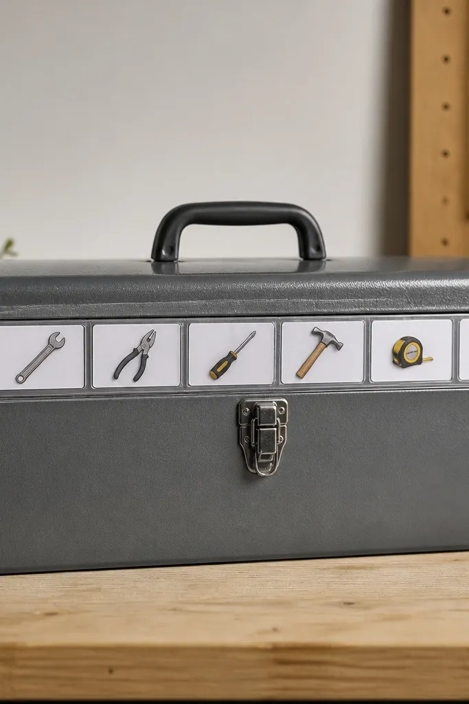 A gray metal tool box with a clear magnetic label strip across the top. Each compartment has a printed label in a plastic sleeve. The labels are aligned in a straight row.